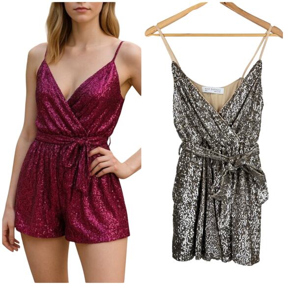 Mac Duggal NWT Fully Sequin Nude Silver Metallic Romper Size 4 Belted Pockets - Picture 1 of 10